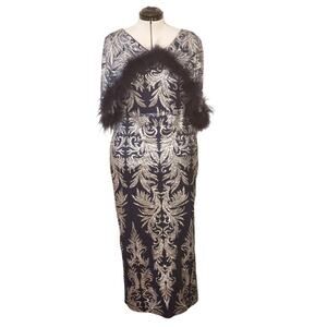 EY Boutique Blue & Silver Sparkle Sequin Gown w/ Feather Trim, Size XL | NWT
